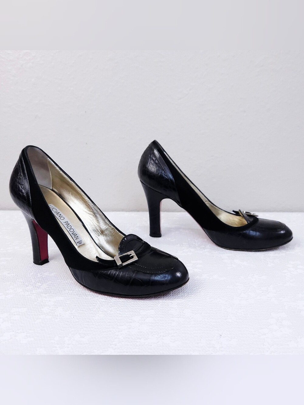 Luciano Padovan Snake Embossed Pumps Black Leather Heels US 6 ITALY